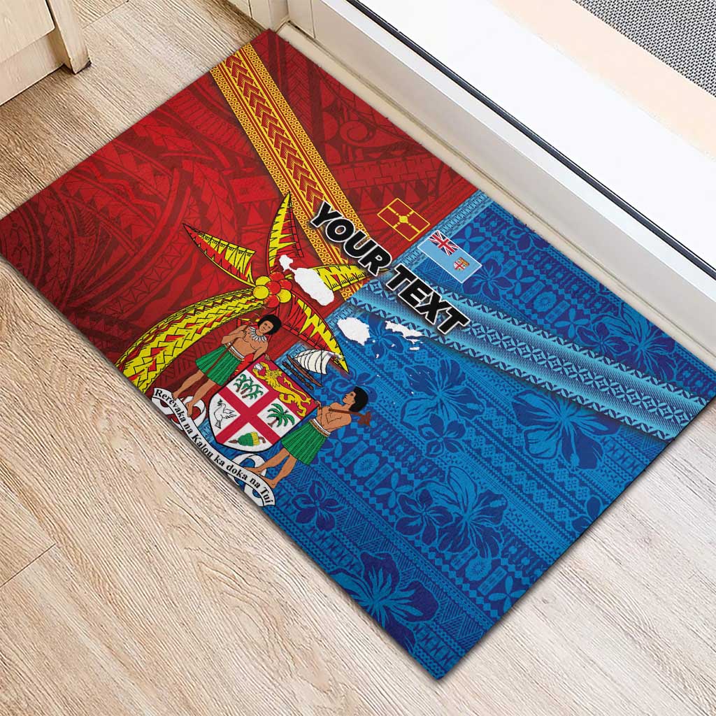 Personalised Fiji and Rotuma Together Rubber Doormat Tapa and Pacific Art Pattern with Cultural Emblems Half Style