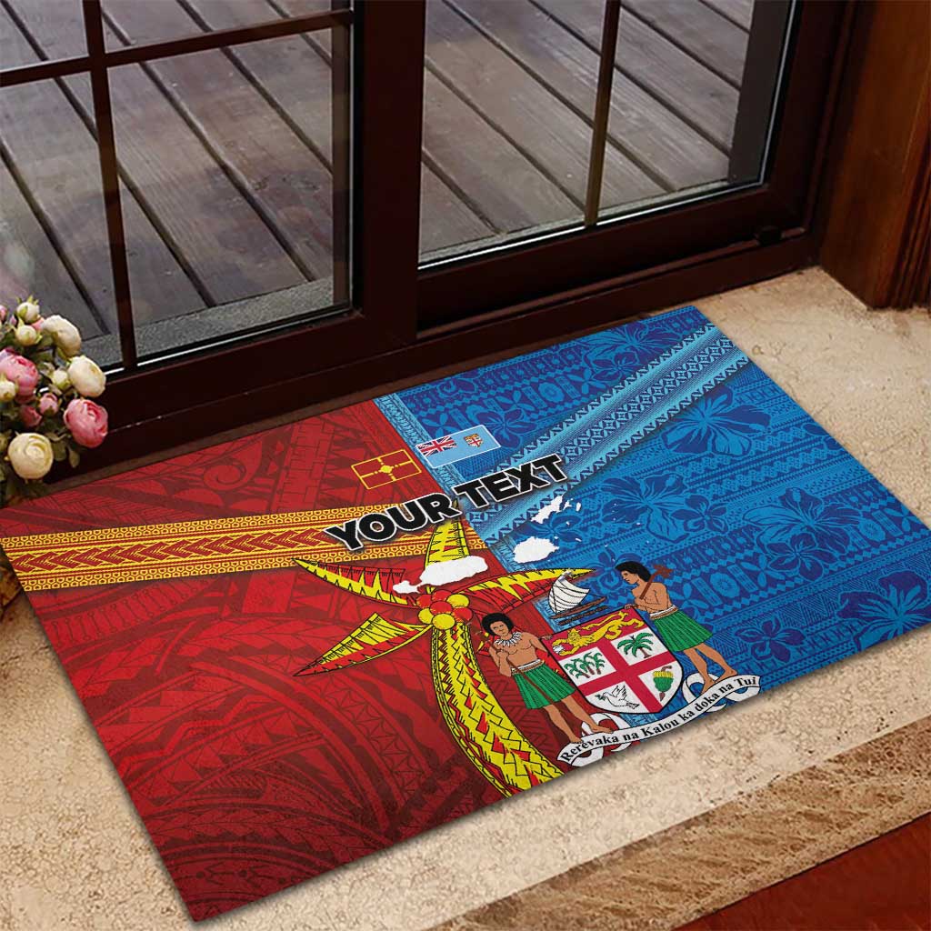 Personalised Fiji and Rotuma Together Rubber Doormat Tapa and Pacific Art Pattern with Cultural Emblems Half Style