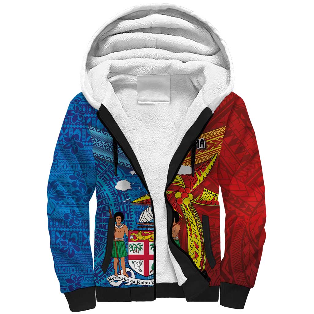 Personalised Fiji and Rotuma Together Sherpa Hoodie Tapa and Pacific Art Pattern with Cultural Emblems Half Style