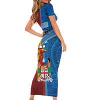 Personalised Fiji and Rotuma Together Short Sleeve Bodycon Dress Tapa and Pacific Art Pattern with Cultural Emblems Half Style