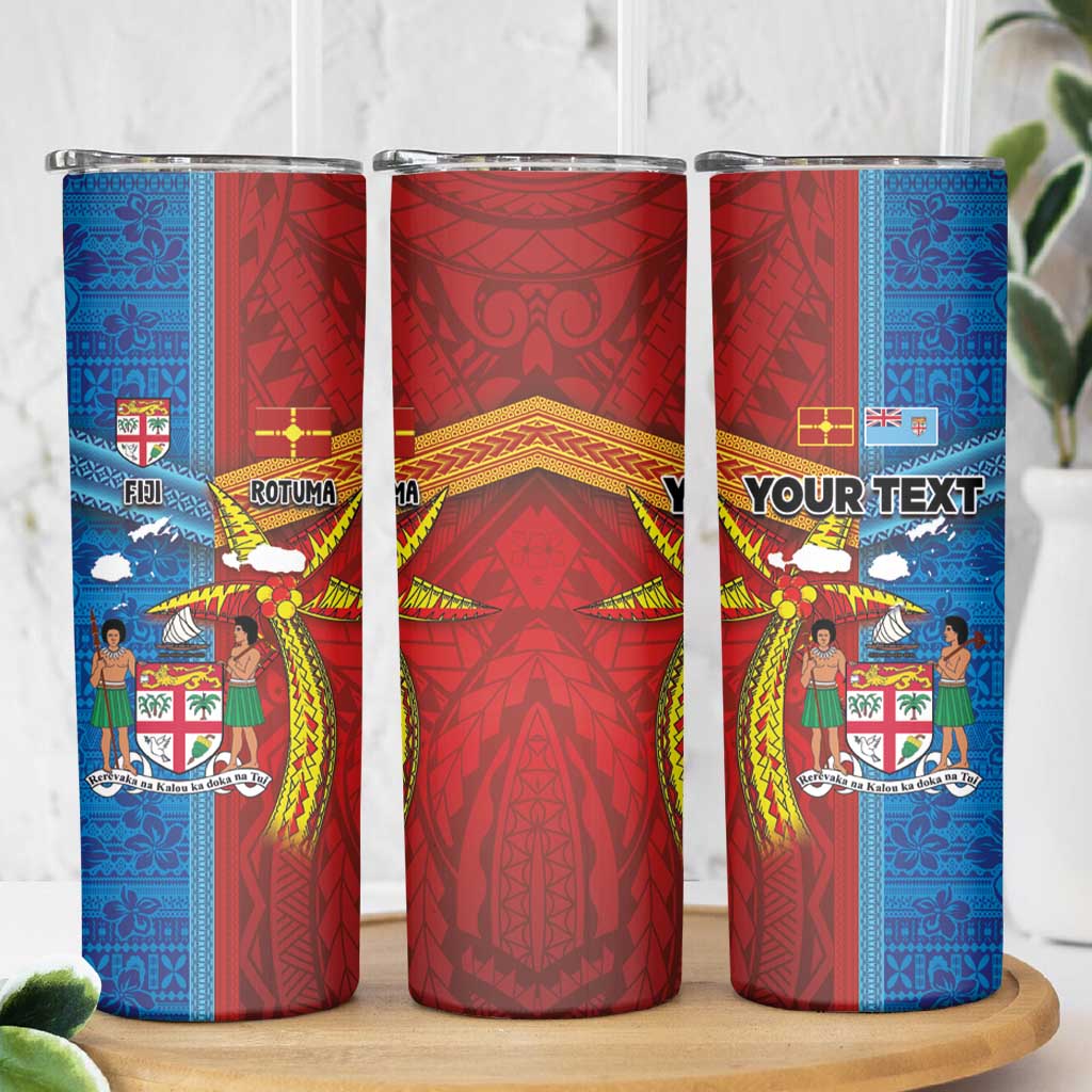 Personalised Fiji and Rotuma Together Skinny Tumbler Tapa and Pacific Art Pattern with Cultural Emblems Half Style