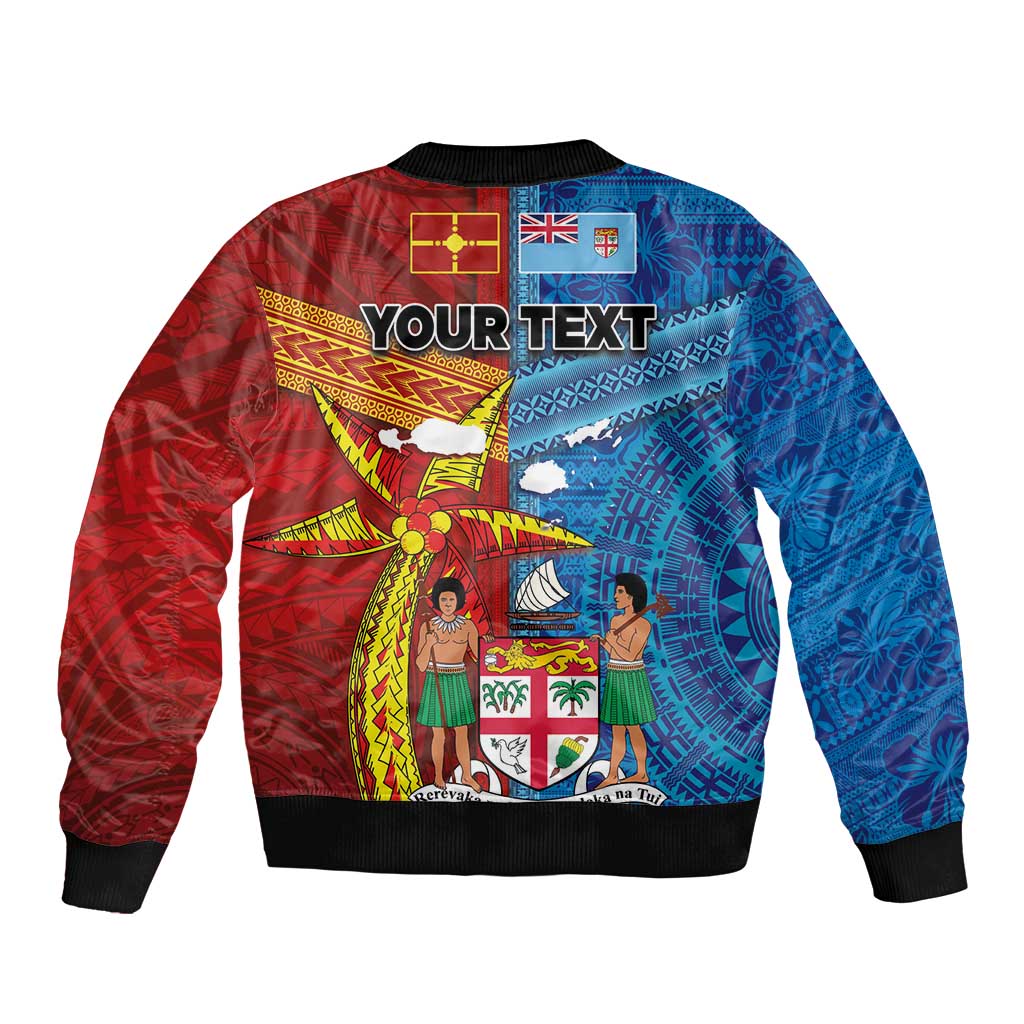 Personalised Fiji and Rotuma Together Sleeve Zip Bomber Jacket Tapa and Pacific Art Pattern with Cultural Emblems Half Style