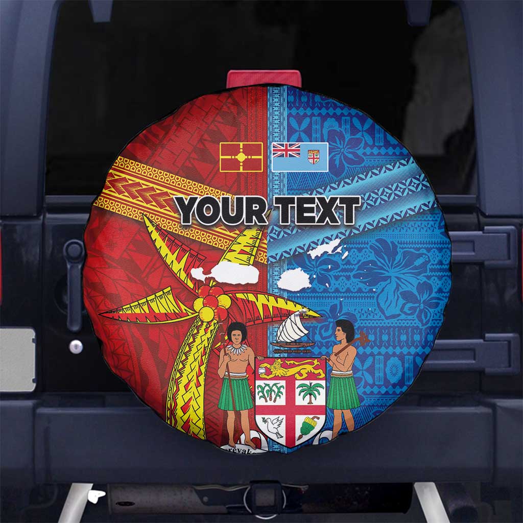 Personalised Fiji and Rotuma Together Spare Tire Cover Tapa and Pacific Art Pattern with Cultural Emblems Half Style