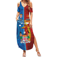 Personalised Fiji and Rotuma Together Summer Maxi Dress Tapa and Pacific Art Pattern with Cultural Emblems Half Style