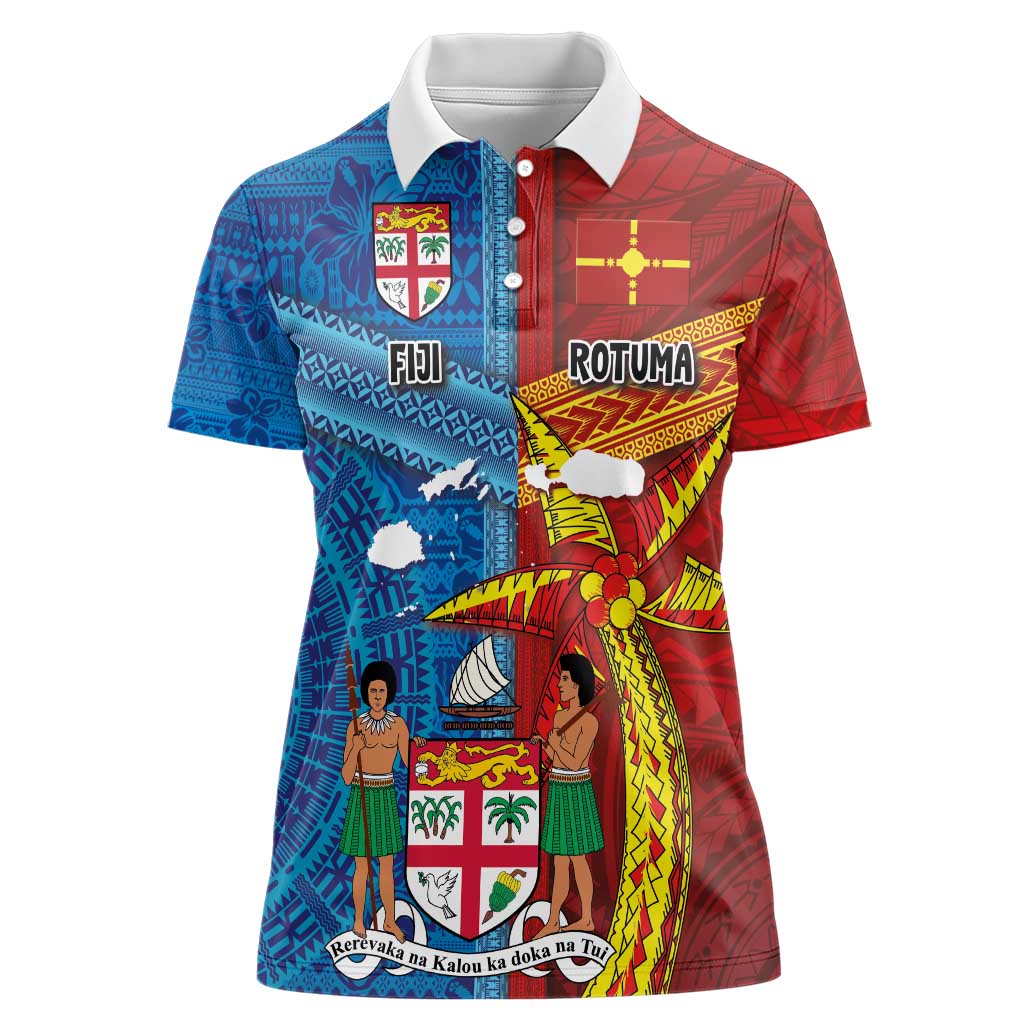 Personalised Fiji and Rotuma Together Women Polo Shirt Tapa and Pacific Art Pattern with Cultural Emblems Half Style