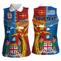 Personalised Fiji and Rotuma Together Women Sleeveless Polo Shirt Tapa and Pacific Art Pattern with Cultural Emblems Half Style