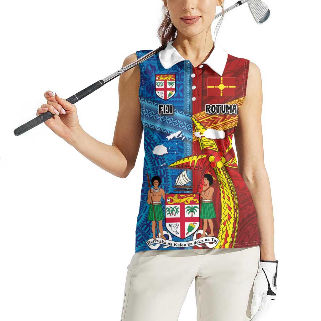 Personalised Fiji and Rotuma Together Women Sleeveless Polo Shirt Tapa and Pacific Art Pattern with Cultural Emblems Half Style