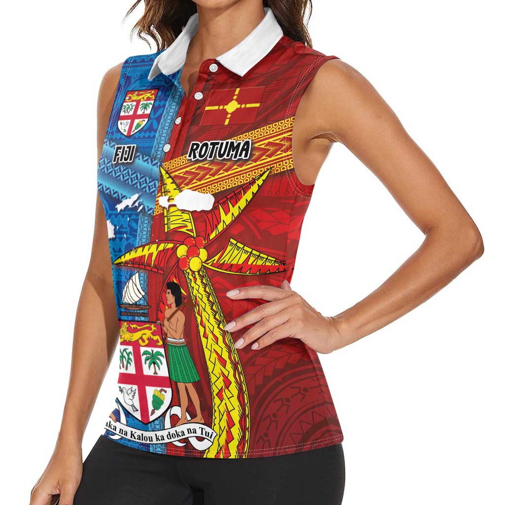Personalised Fiji and Rotuma Together Women Sleeveless Polo Shirt Tapa and Pacific Art Pattern with Cultural Emblems Half Style