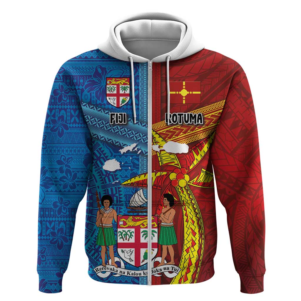 Personalised Fiji and Rotuma Together Zip Hoodie Tapa and Pacific Art Pattern with Cultural Emblems Half Style