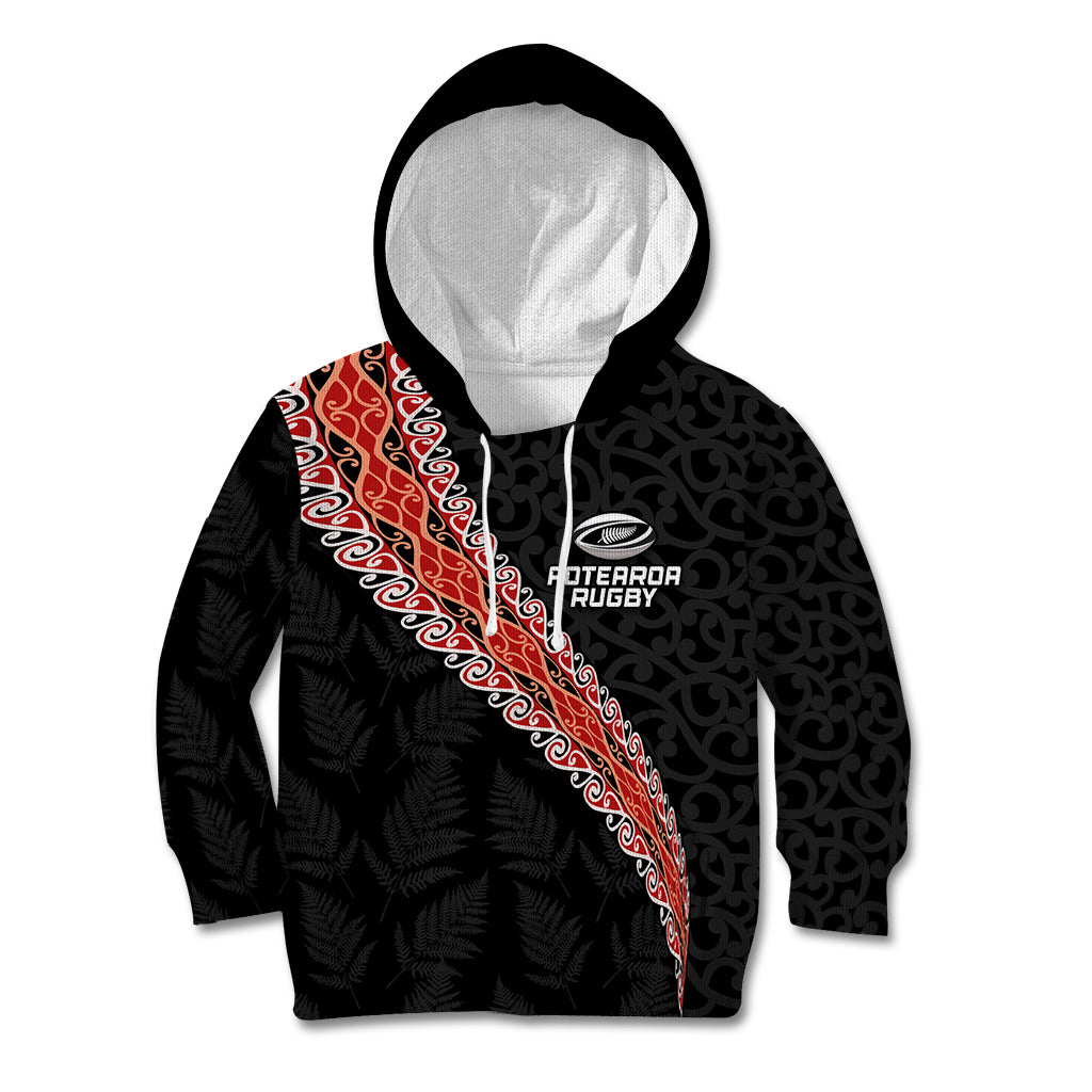 Custom New Zealand Rugby Kid Hoodie Maori and Silver Fern Half Style