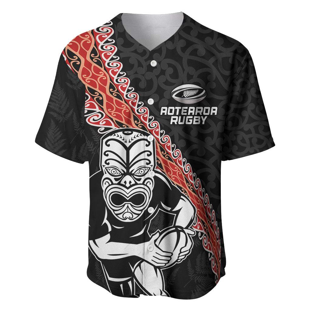 New Zealand Maori Warrior Rugby Baseball Jersey Maori and Silver Fern Half Style LT03 Black - Polynesian Pride