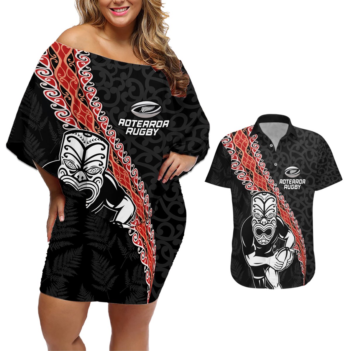 New Zealand Maori Warrior Rugby Couples Matching Off Shoulder Short Dress and Hawaiian Shirt Maori and Silver Fern Half Style LT03 Black - Polynesian Pride