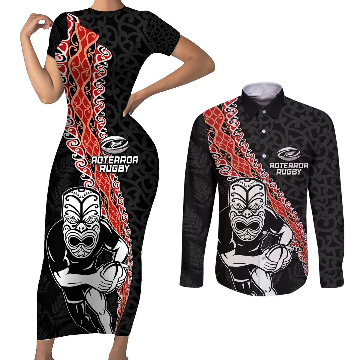 New Zealand Maori Warrior Rugby Couples Matching Short Sleeve Bodycon Dress and Long Sleeve Button Shirt Maori and Silver Fern Half Style LT03 Black - Polynesian Pride