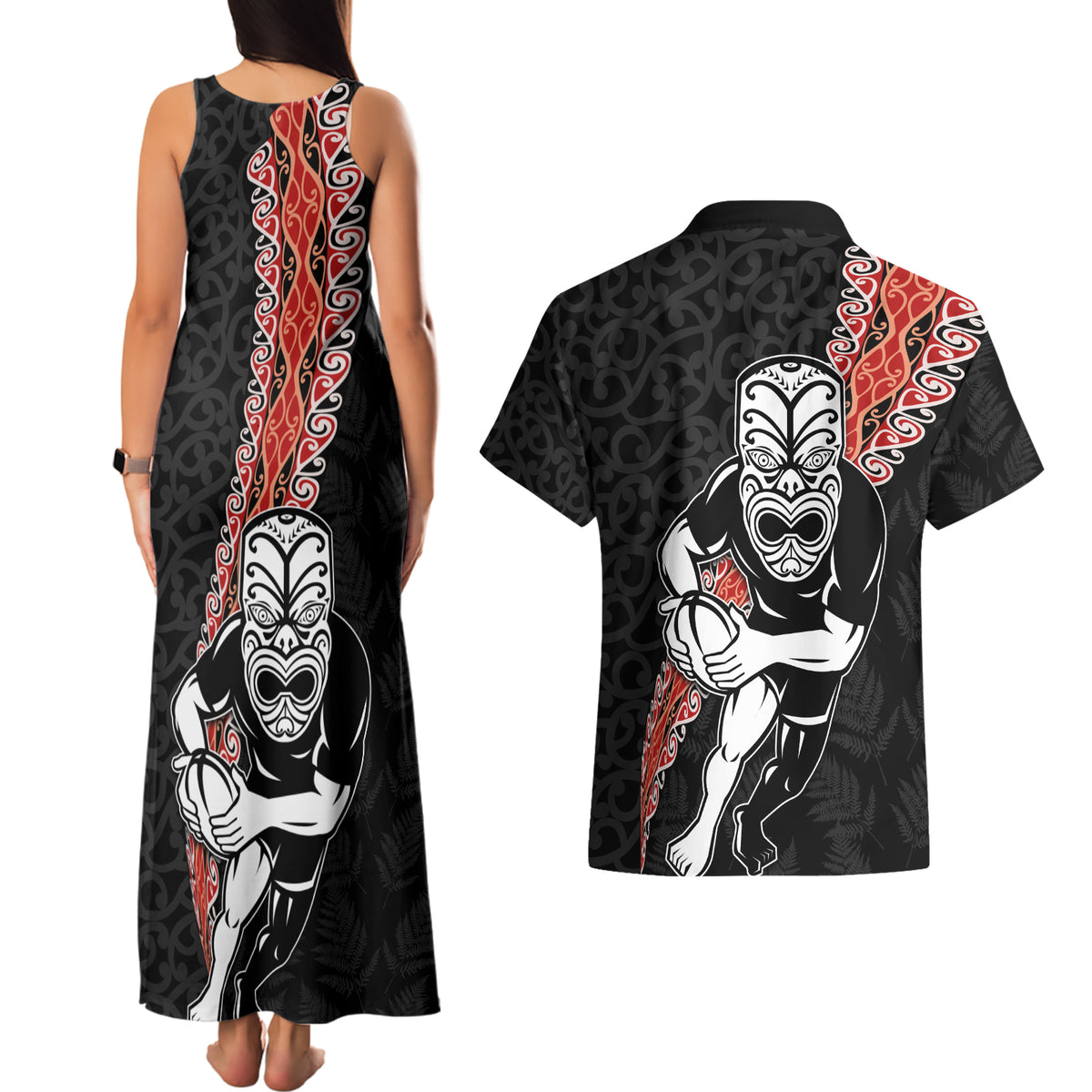 New Zealand Maori Warrior Rugby Couples Matching Tank Maxi Dress and Hawaiian Shirt Maori and Silver Fern Half Style LT03 - Polynesian Pride