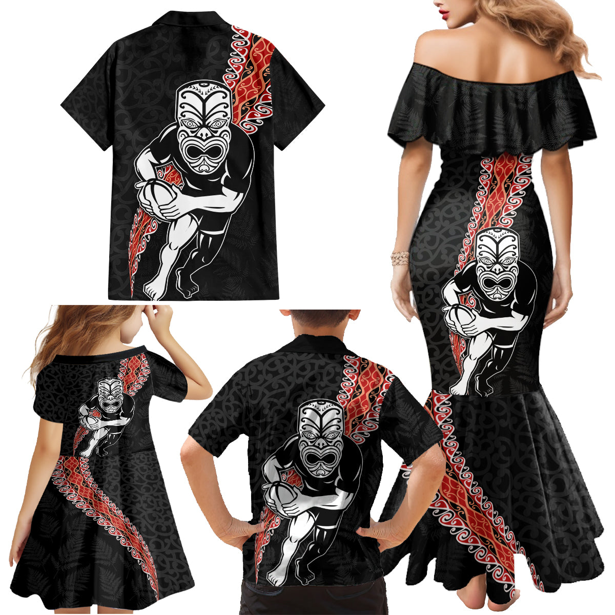 New Zealand Maori Warrior Rugby Family Matching Mermaid Dress and Hawaiian Shirt Maori and Silver Fern Half Style LT03 - Polynesian Pride