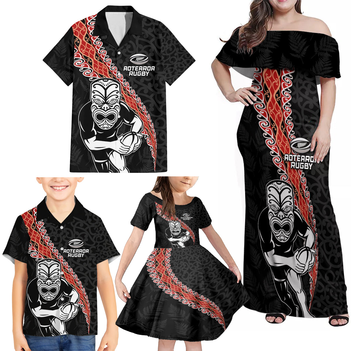 New Zealand Maori Warrior Rugby Family Matching Off Shoulder Maxi Dress and Hawaiian Shirt Maori and Silver Fern Half Style LT03 - Polynesian Pride