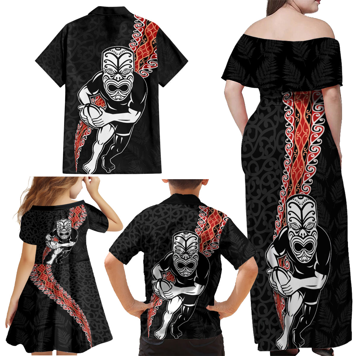 New Zealand Maori Warrior Rugby Family Matching Off Shoulder Maxi Dress and Hawaiian Shirt Maori and Silver Fern Half Style LT03 - Polynesian Pride