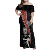 New Zealand Maori Warrior Rugby Family Matching Off Shoulder Maxi Dress and Hawaiian Shirt Maori and Silver Fern Half Style LT03 Mom's Dress Black - Polynesian Pride