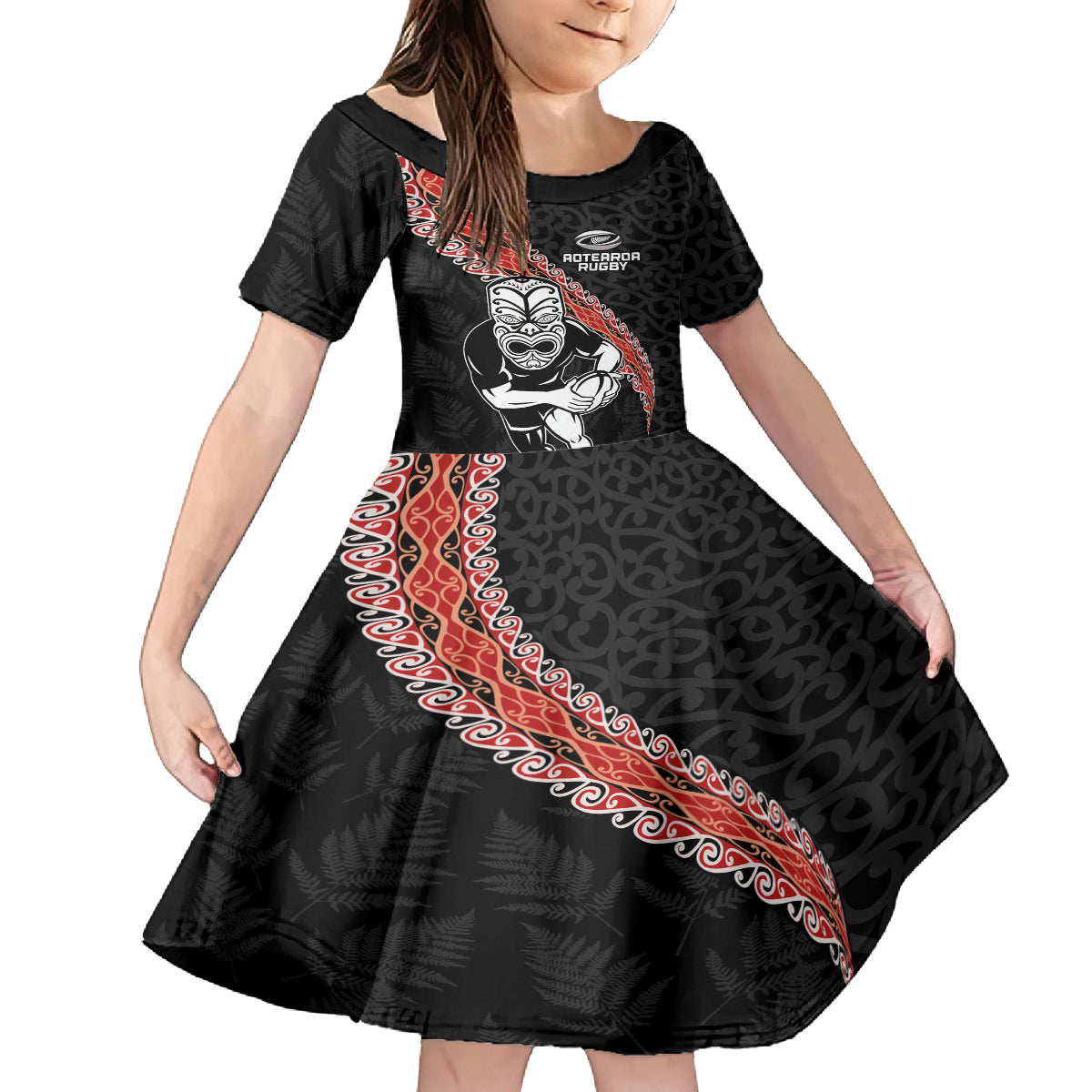 New Zealand Maori Warrior Rugby Family Matching Off Shoulder Short Dress and Hawaiian Shirt Maori and Silver Fern Half Style LT03 Daughter's Dress Black - Polynesian Pride