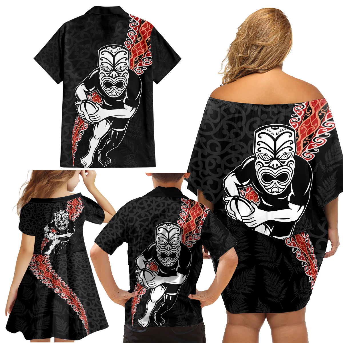 New Zealand Maori Warrior Rugby Family Matching Off Shoulder Short Dress and Hawaiian Shirt Maori and Silver Fern Half Style LT03 - Polynesian Pride