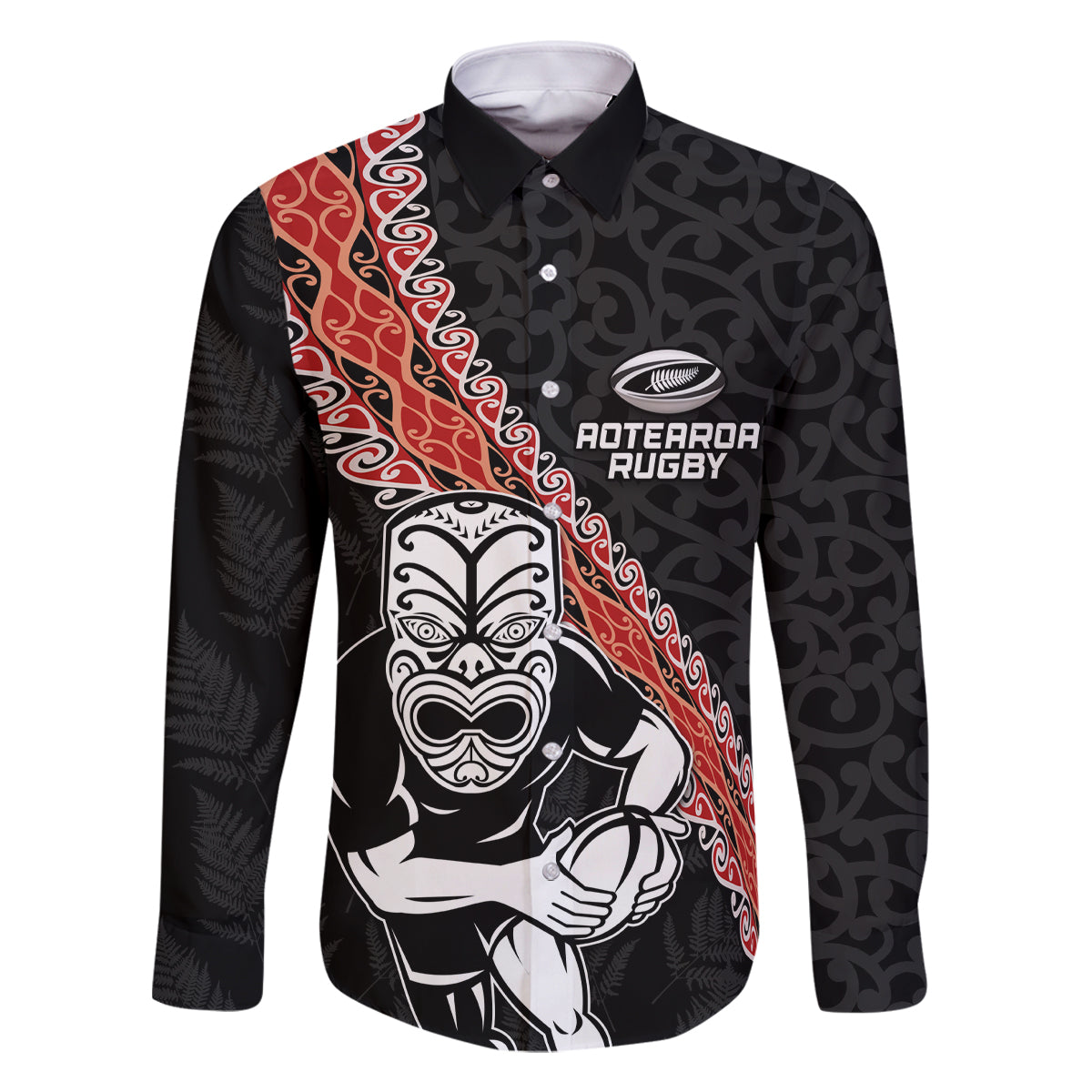 New Zealand Maori Warrior Rugby Family Matching Off Shoulder Short Dress and Hawaiian Shirt Maori and Silver Fern Half Style LT03 Dad's Shirt - Long Sleeve Black - Polynesian Pride