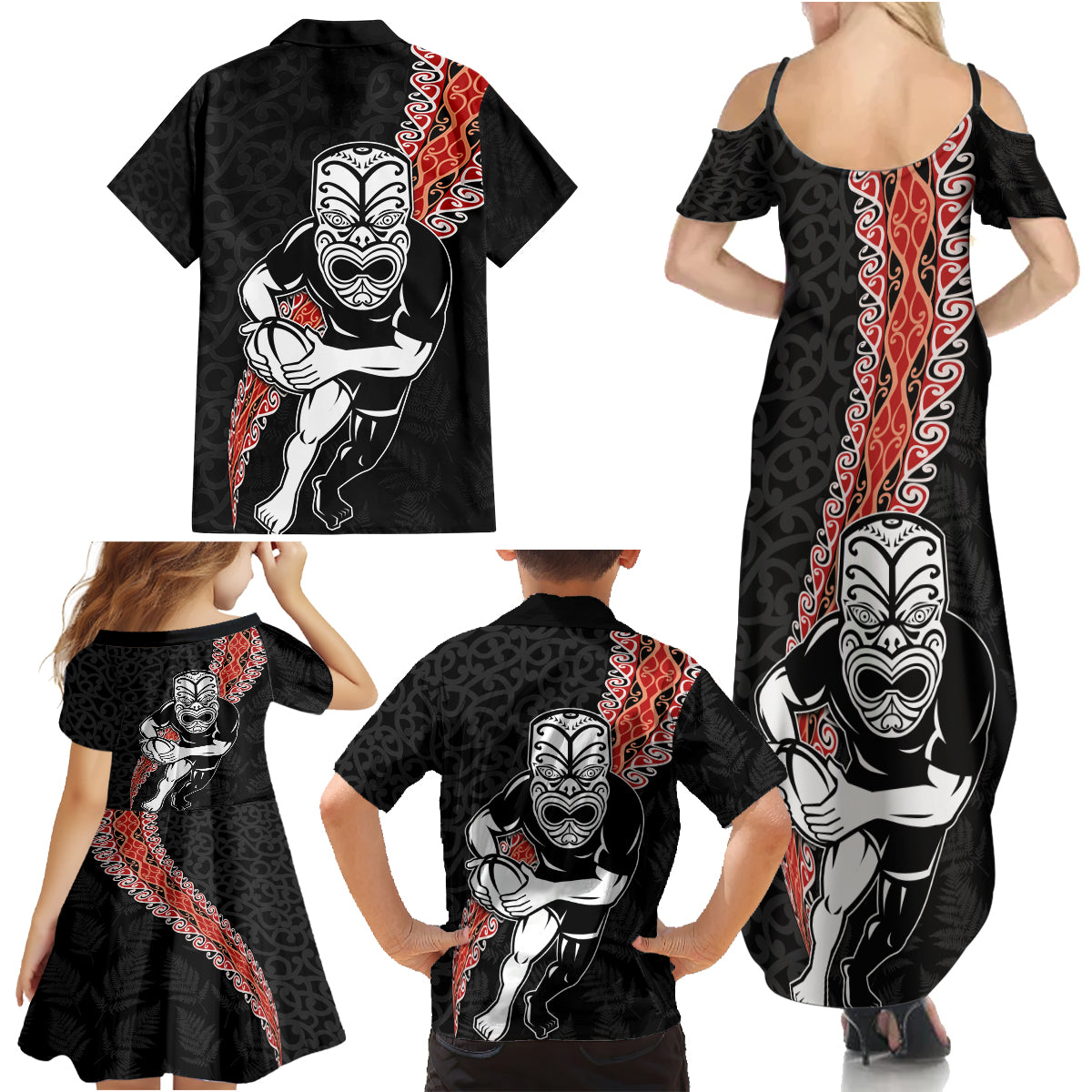 New Zealand Maori Warrior Rugby Family Matching Summer Maxi Dress and Hawaiian Shirt Maori and Silver Fern Half Style LT03 - Polynesian Pride