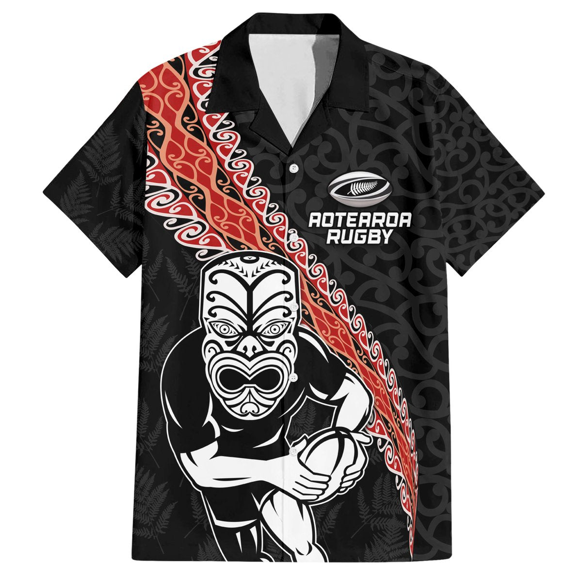 New Zealand Maori Warrior Rugby Hawaiian Shirt Maori and Silver Fern Half Style LT03 Black - Polynesian Pride