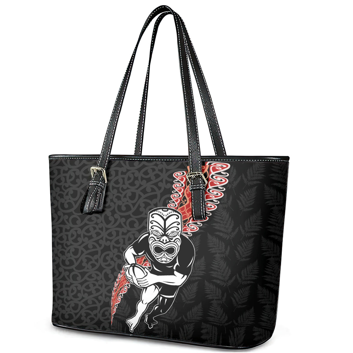 New Zealand Maori Warrior Rugby Leather Tote Bag Maori and Silver Fern Half Style LT03 - Polynesian Pride