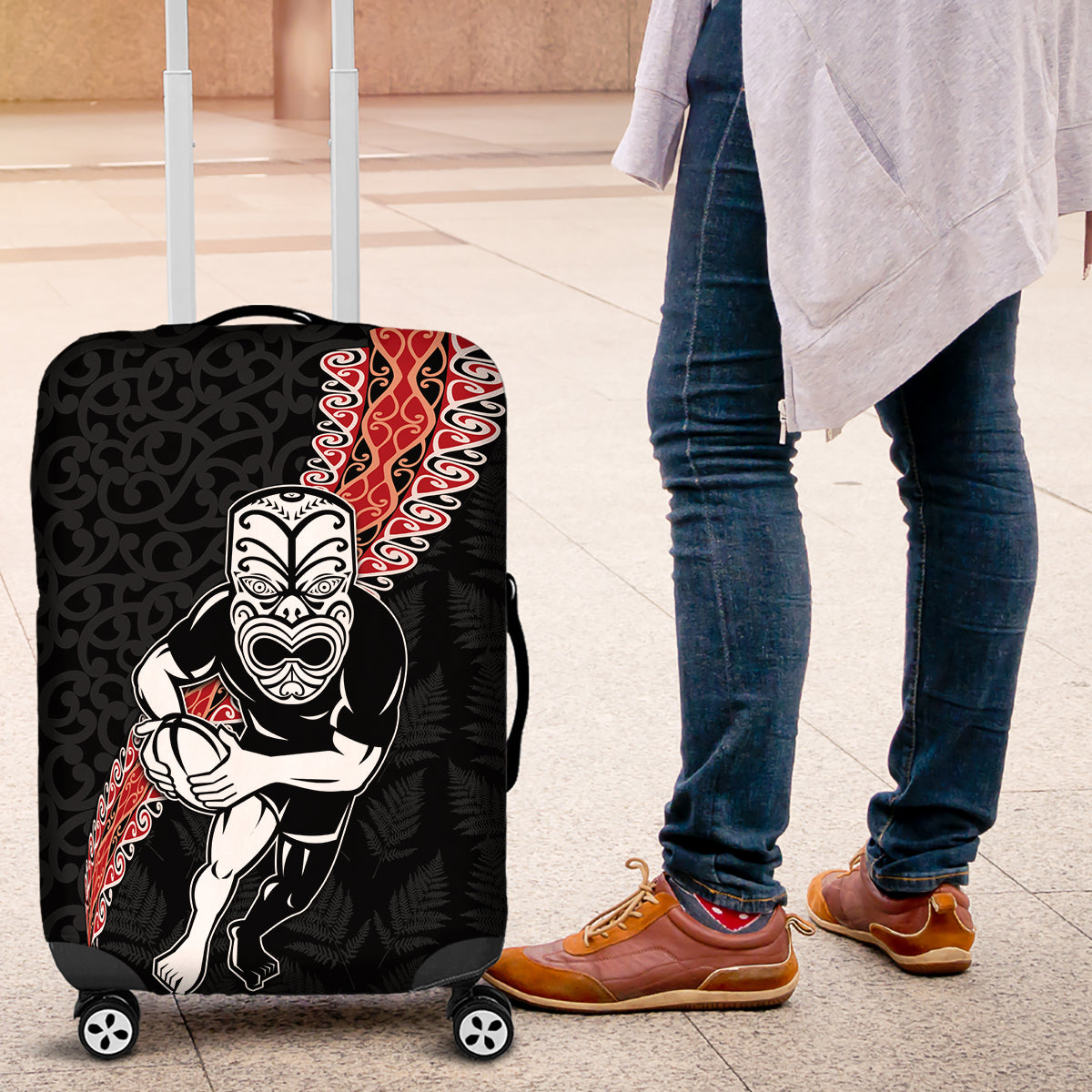 New Zealand Maori Warrior Rugby Luggage Cover Maori and Silver Fern Half Style
