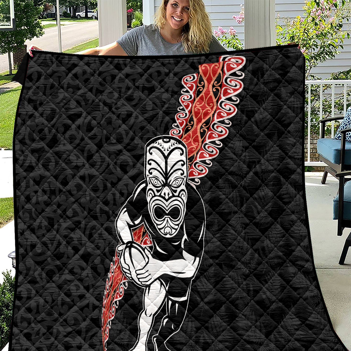 New Zealand Maori Warrior Rugby Quilt Maori and Silver Fern Half Style LT03 Black - Polynesian Pride