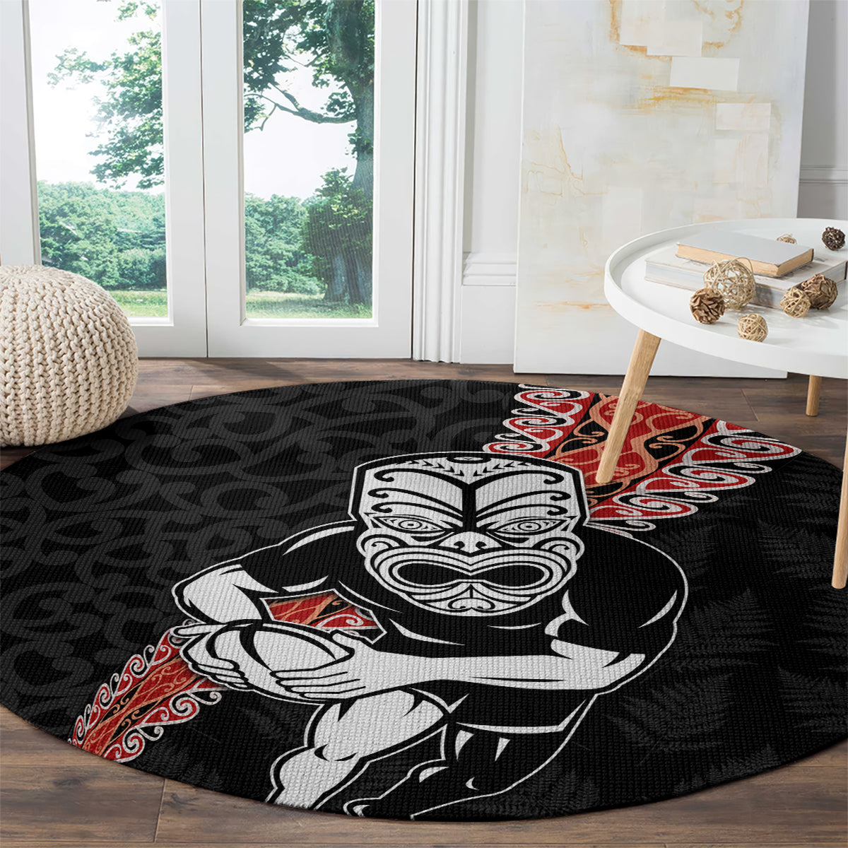 New Zealand Maori Warrior Rugby Round Carpet Maori and Silver Fern Half Style
