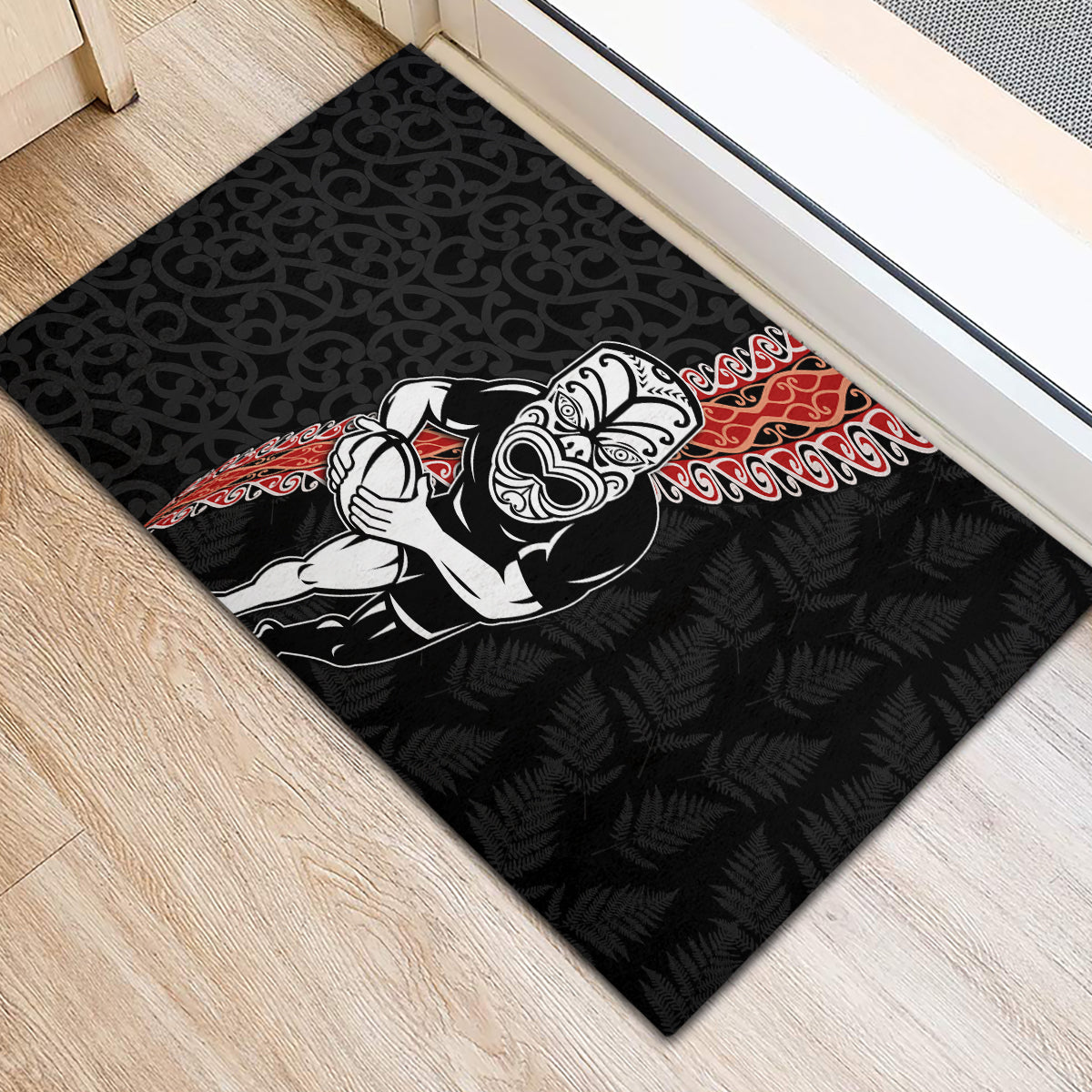New Zealand Maori Warrior Rugby Rubber Doormat Maori and Silver Fern Half Style LT03 - Polynesian Pride
