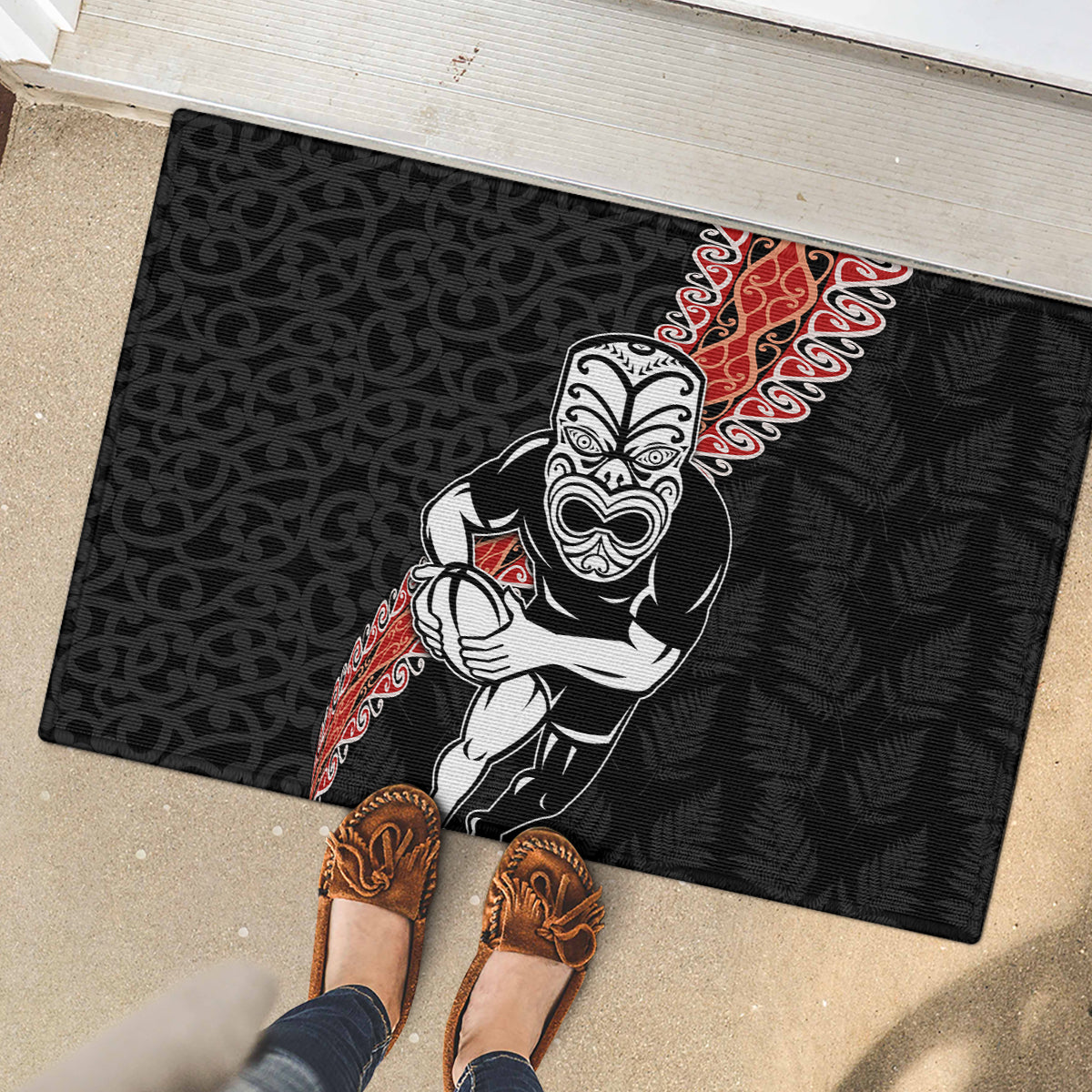 New Zealand Maori Warrior Rugby Rubber Doormat Maori and Silver Fern Half Style LT03 - Polynesian Pride