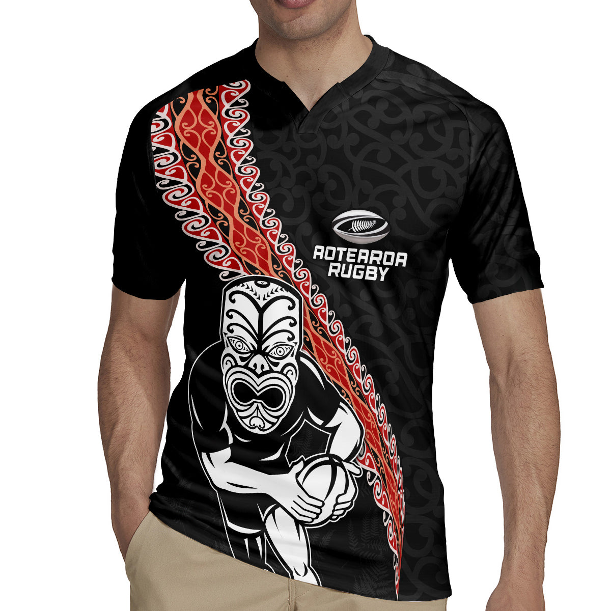 New Zealand Maori Warrior Rugby Rugby Jersey Maori and Silver Fern Half Style
