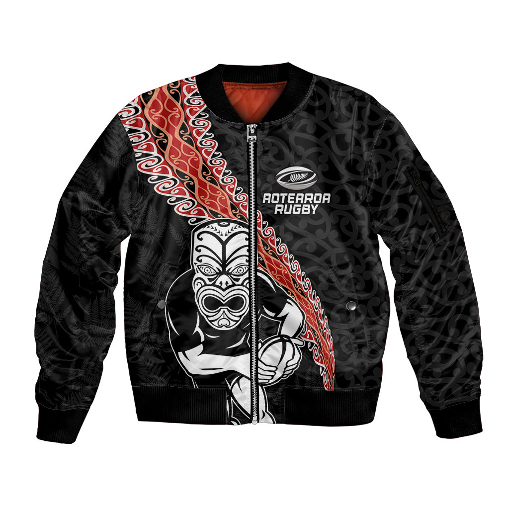New Zealand Maori Warrior Rugby Sleeve Zip Bomber Jacket Maori and Silver Fern Half Style LT03 Unisex Black - Polynesian Pride