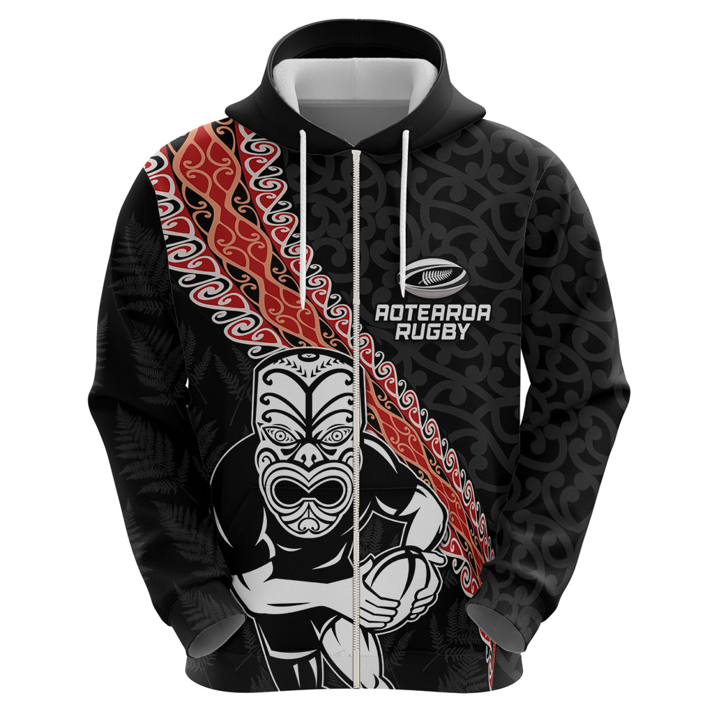 New Zealand Maori Warrior Rugby Zip Hoodie Maori and Silver Fern Half Style