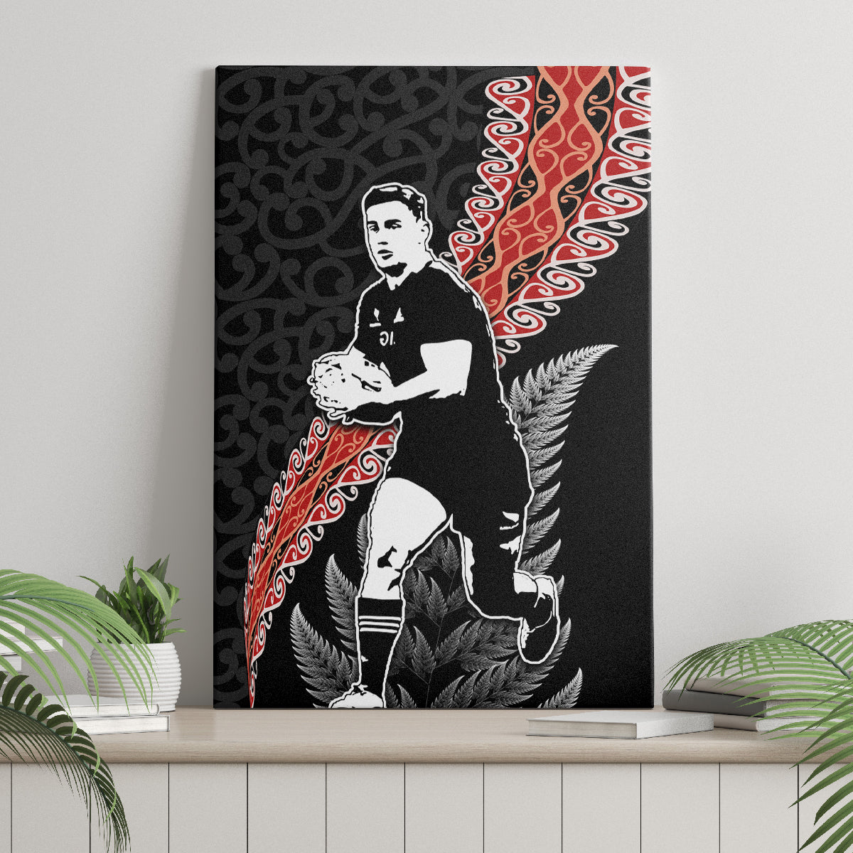 New Zealand Maori Rugby Player Canvas Wall Art Maori and Silver Fern Half Style