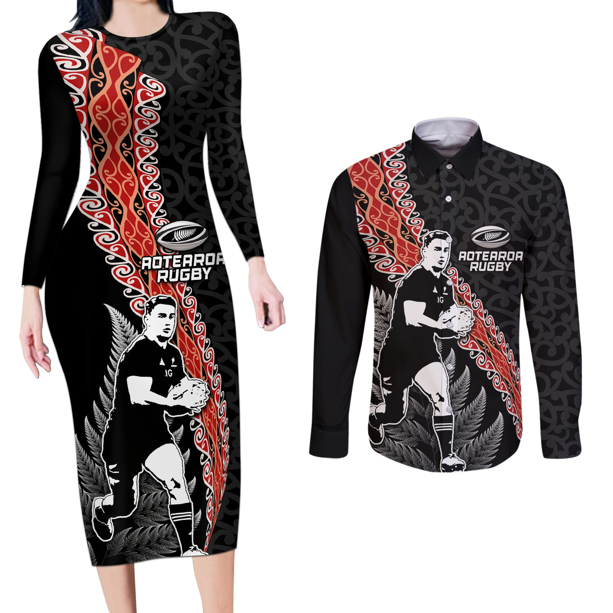 New Zealand Maori Rugby Player Couples Matching Long Sleeve Bodycon Dress and Long Sleeve Button Shirt Maori and Silver Fern Half Style LT03 Black - Polynesian Pride
