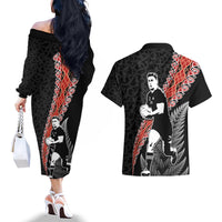 New Zealand Maori Rugby Player Couples Matching Off The Shoulder Long Sleeve Dress and Hawaiian Shirt Maori and Silver Fern Half Style
