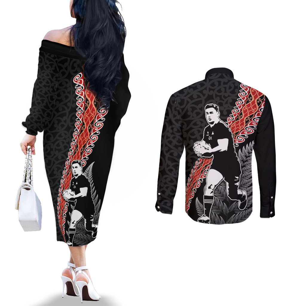 New Zealand Maori Rugby Player Couples Matching Off The Shoulder Long Sleeve Dress and Long Sleeve Button Shirt Maori and Silver Fern Half Style LT03 - Polynesian Pride
