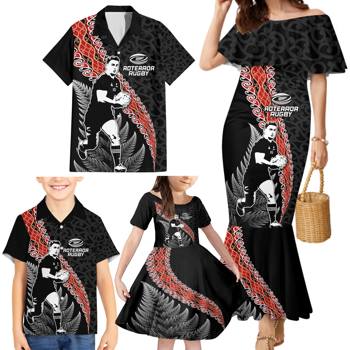New Zealand Maori Rugby Player Family Matching Mermaid Dress and Hawaiian Shirt Maori and Silver Fern Half Style LT03 - Polynesian Pride