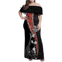 New Zealand Maori Rugby Player Family Matching Off Shoulder Maxi Dress and Hawaiian Shirt Maori and Silver Fern Half Style LT03 Mom's Dress Black - Polynesian Pride