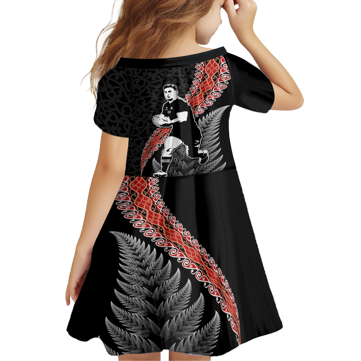 New Zealand Maori Rugby Player Family Matching Off Shoulder Short Dress and Hawaiian Shirt Maori and Silver Fern Half Style LT03 - Polynesian Pride