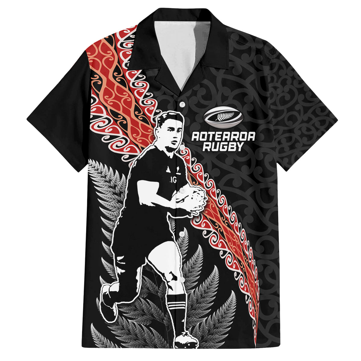 New Zealand Maori Rugby Player Family Matching Off Shoulder Short Dress and Hawaiian Shirt Maori and Silver Fern Half Style LT03 Dad's Shirt - Short Sleeve Black - Polynesian Pride