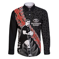 New Zealand Maori Rugby Player Family Matching Off Shoulder Short Dress and Hawaiian Shirt Maori and Silver Fern Half Style LT03 Dad's Shirt - Long Sleeve Black - Polynesian Pride