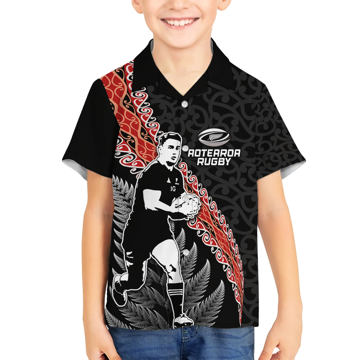 New Zealand Maori Rugby Player Family Matching Off Shoulder Short Dress and Hawaiian Shirt Maori and Silver Fern Half Style LT03 Son's Shirt Black - Polynesian Pride