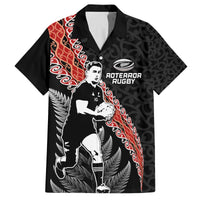 New Zealand Maori Rugby Player Family Matching Puletasi and Hawaiian Shirt Maori and Silver Fern Half Style LT03 Dad's Shirt - Short Sleeve Black - Polynesian Pride