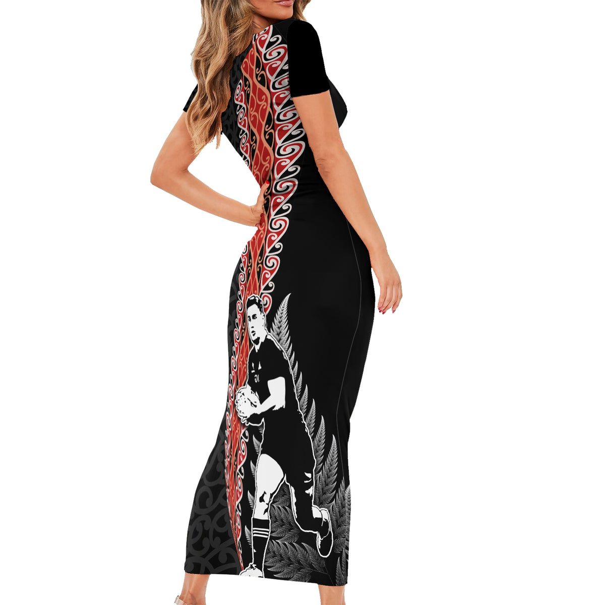 New Zealand Maori Rugby Player Family Matching Short Sleeve Bodycon Dress and Hawaiian Shirt Maori and Silver Fern Half Style LT03 - Polynesian Pride