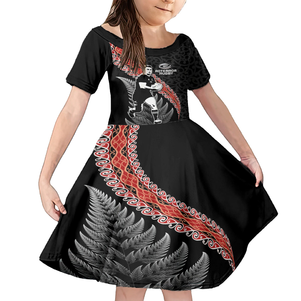 New Zealand Maori Rugby Player Family Matching Tank Maxi Dress and Hawaiian Shirt Maori and Silver Fern Half Style LT03 Daughter's Dress Black - Polynesian Pride