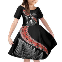 New Zealand Maori Rugby Player Family Matching Tank Maxi Dress and Hawaiian Shirt Maori and Silver Fern Half Style LT03 Daughter's Dress Black - Polynesian Pride
